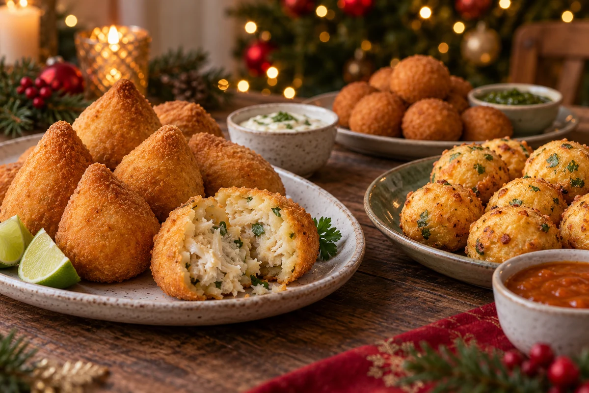 Christmas buffet with golden savoury fritters and dips