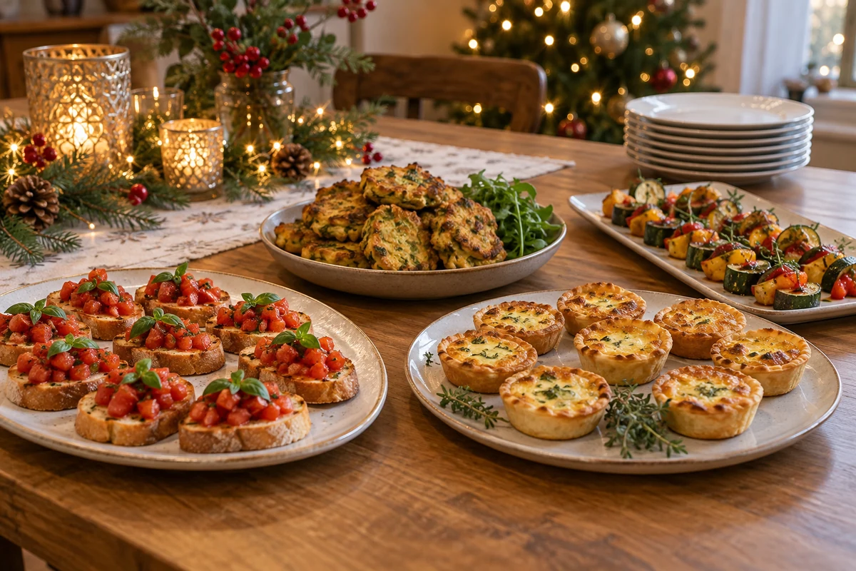 Christmas buffet with neatly separated small serving plates