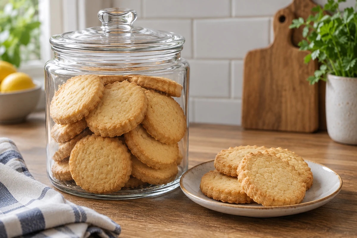 Christmas butter biscuits in a clear storage jar Christmas butter biscuits in a clear storage jar