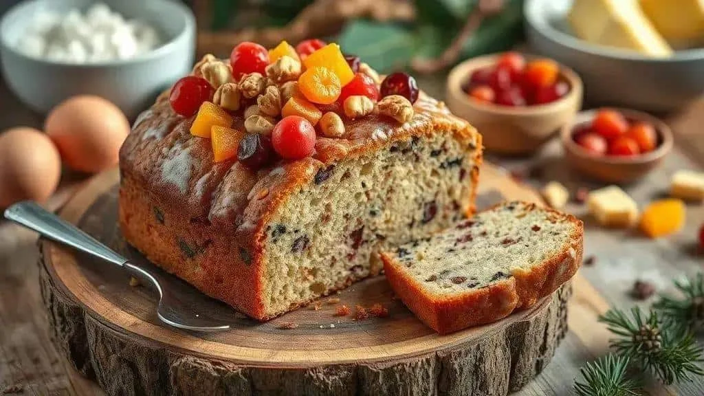 Christmas cake filled and topped with candied fruit