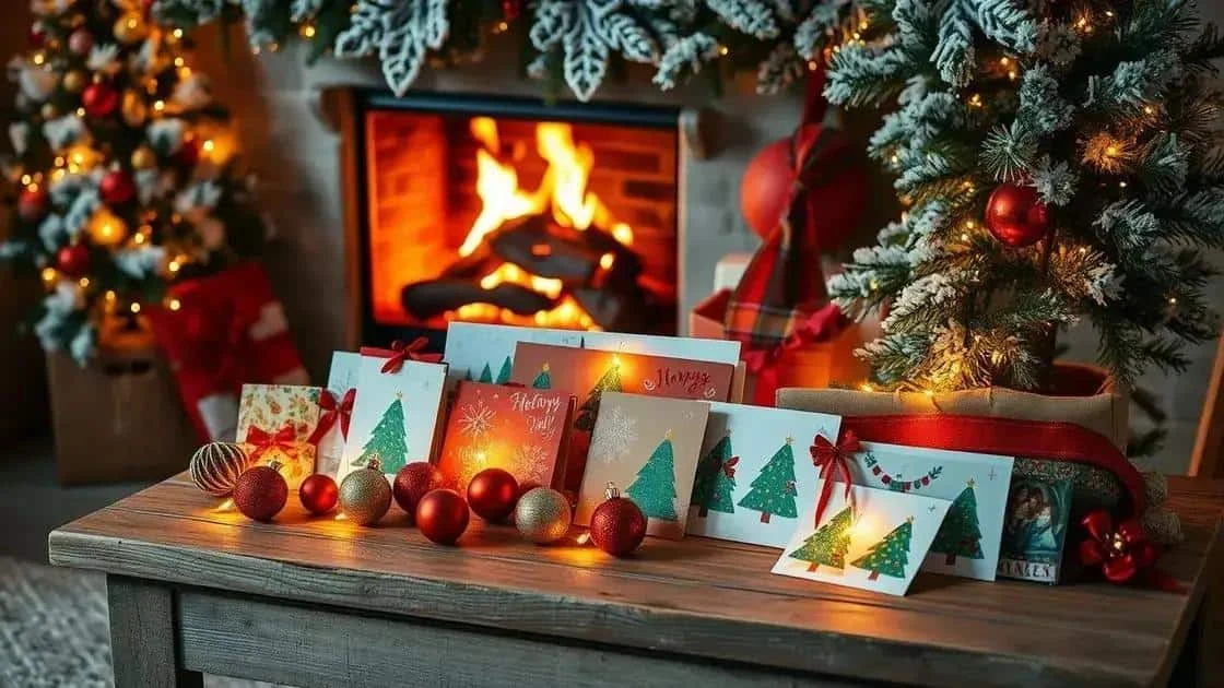 Christmas cards displayed on a festive table