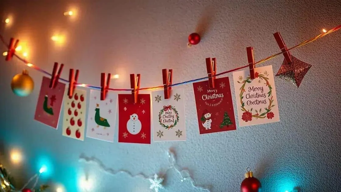 Christmas cards hanging from a display line