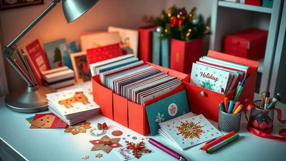 Christmas cards organised in desktop boxes