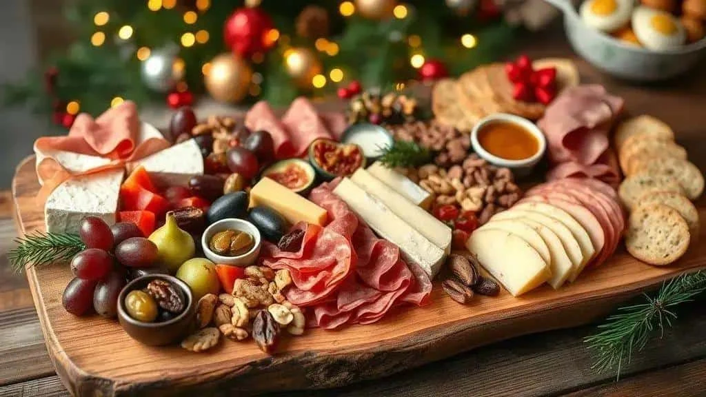Christmas cheese and charcuterie board with grapes and figs