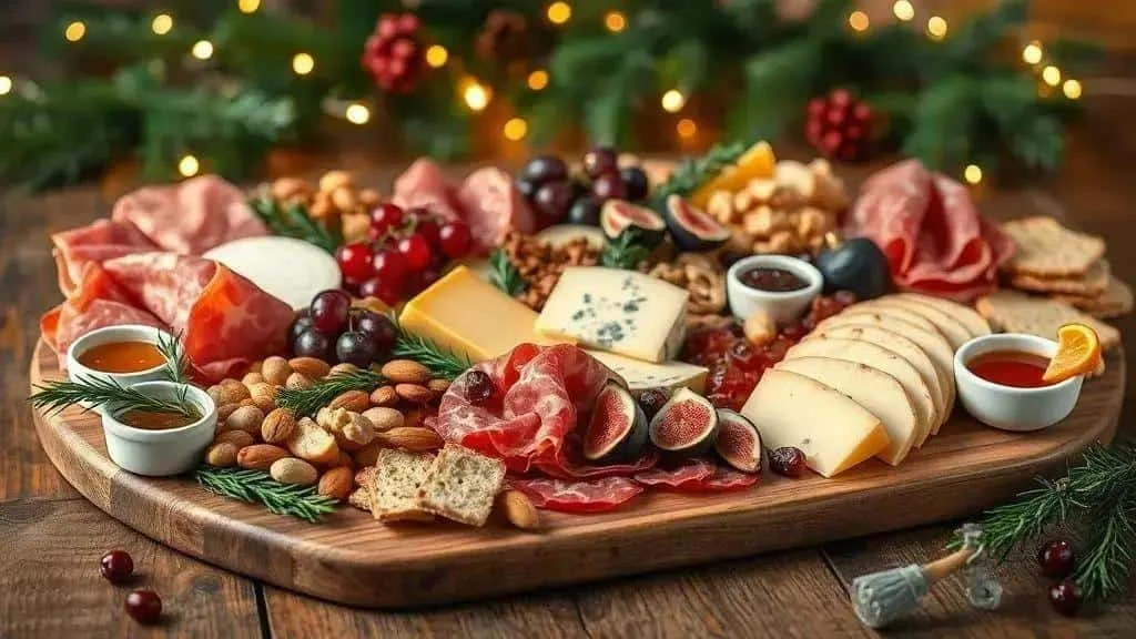 Christmas cheese and cured meat board with fruit and nuts