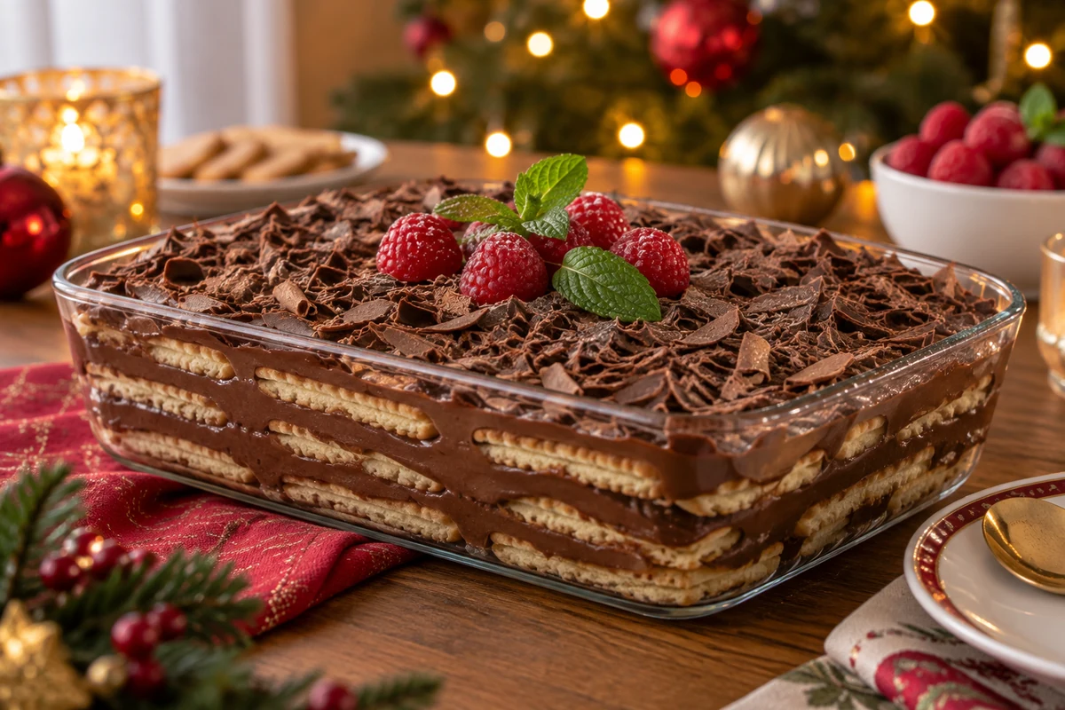Christmas chocolate pave topped with berries and shavings