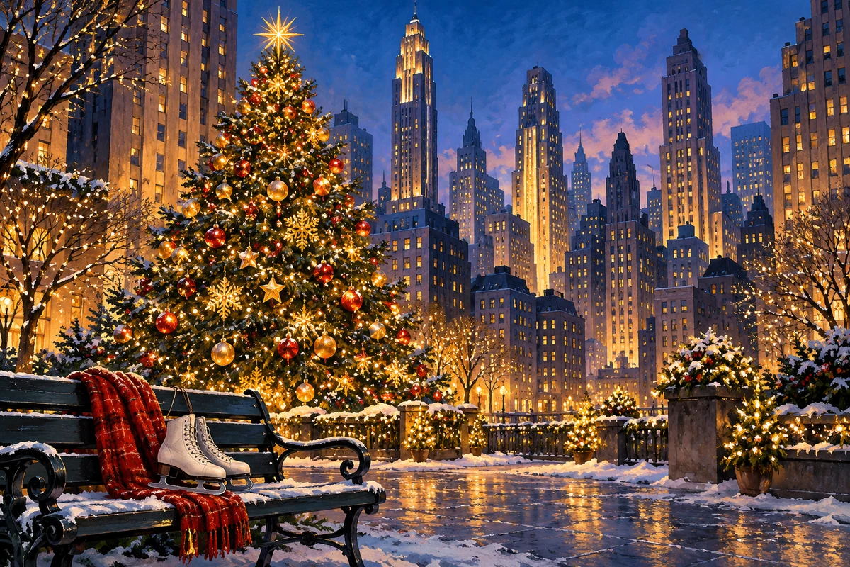 Christmas city illustration with a tree and winter skyline