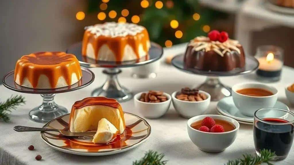 Assorted custard puddings and a slice with caramel