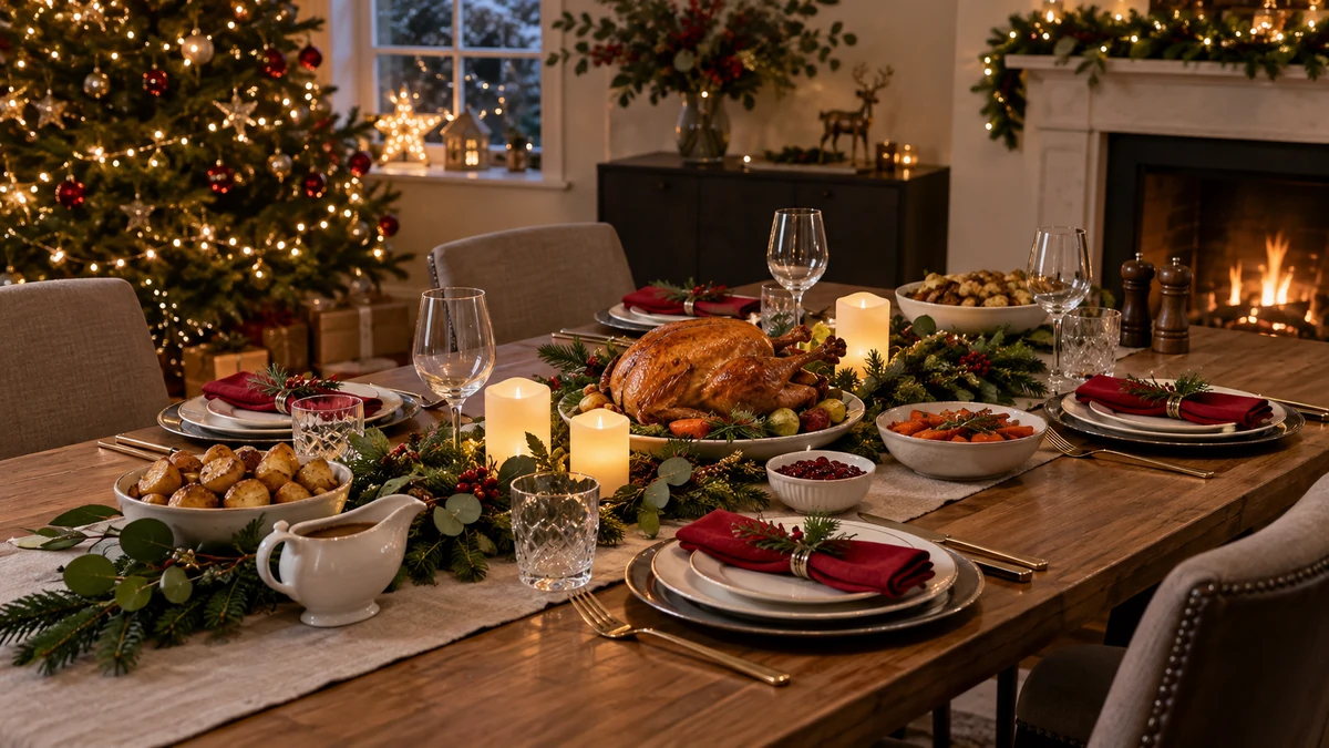 Christmas dinner table with low greenery and LED candles