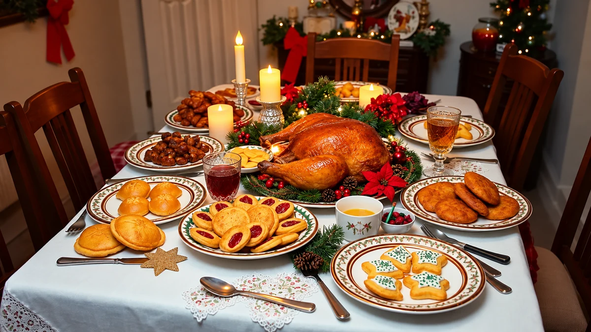 Christmas dinner with roast turkey and side dishes Christmas dinner with roast turkey and side dishes