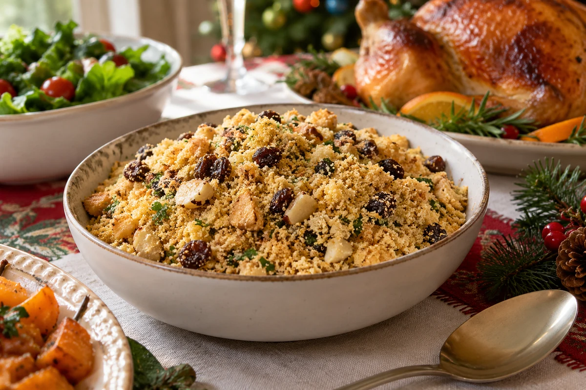 Christmas farofa with dried fruit and nuts beside a roast