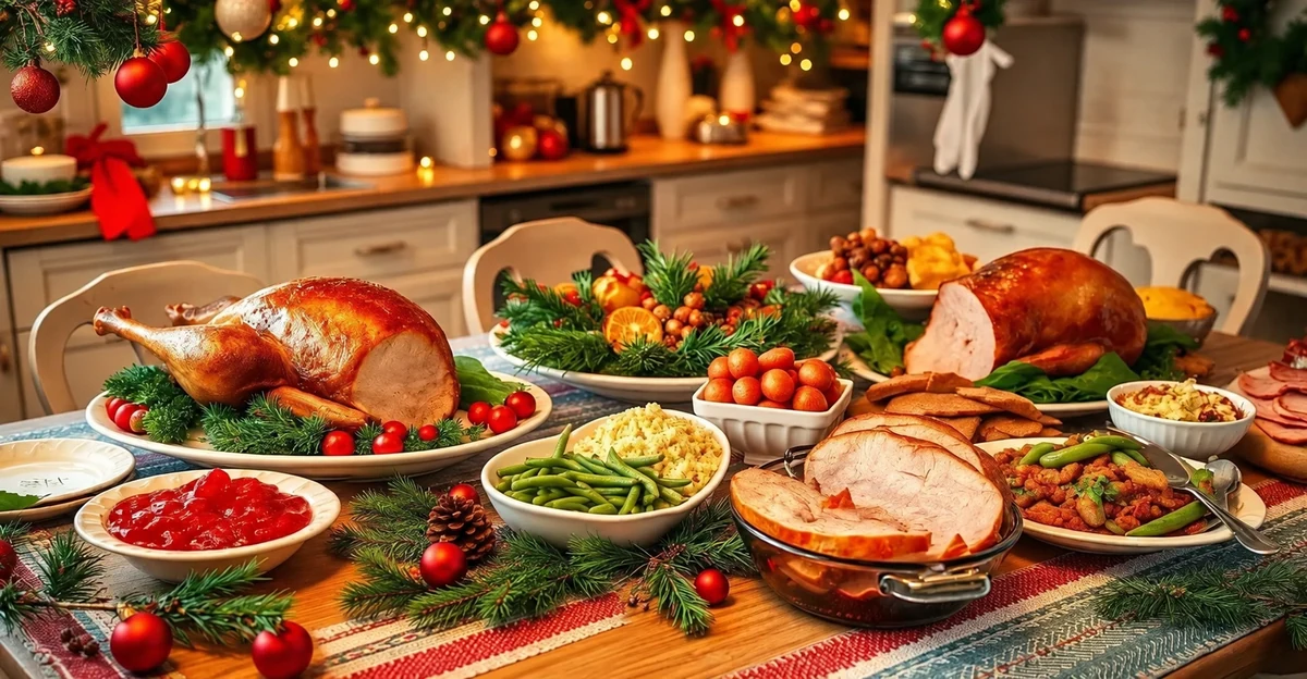 Christmas food arranged on a kitchen table