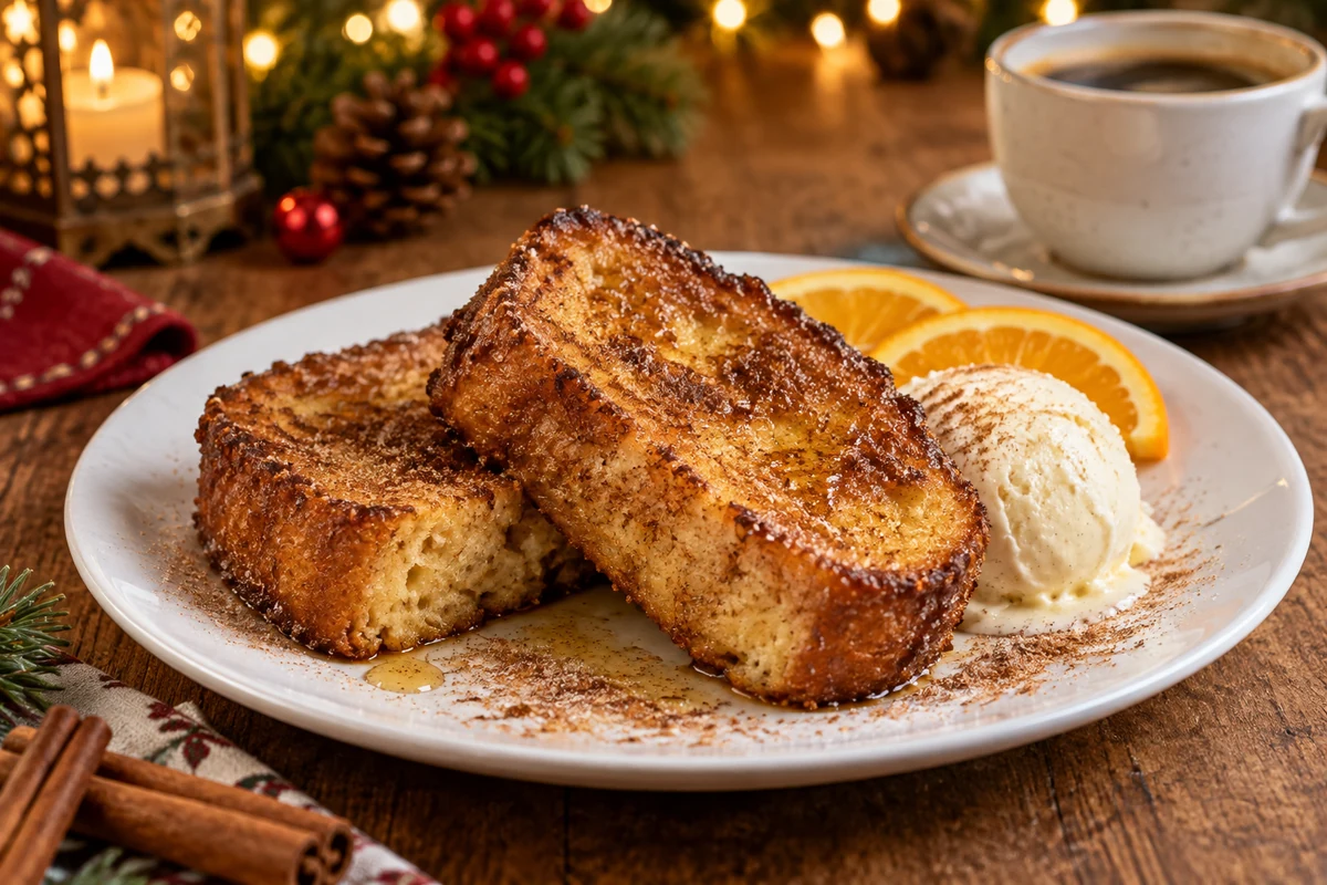 Christmas French toast served with ice cream orange and coffee Christmas French toast served with ice cream orange and coffee