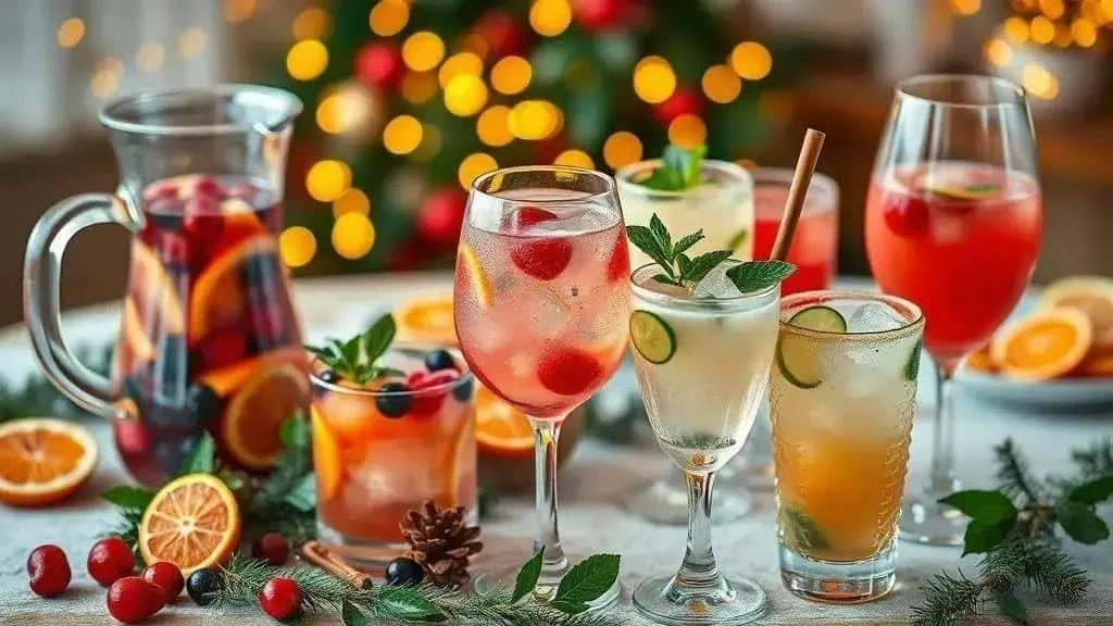 Christmas fruit drinks with citrus, berries and warm lights