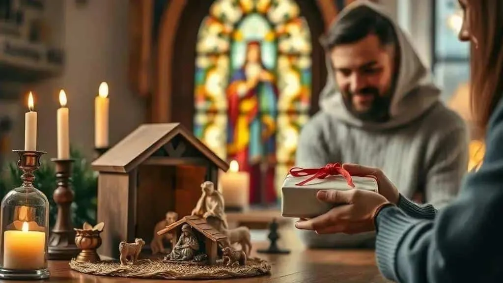 Christmas gift beside a nativity scene Christmas gift beside a nativity scene