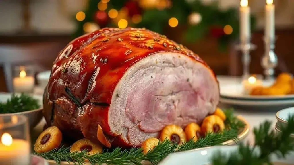 Christmas glazed ham with pineapple garnish