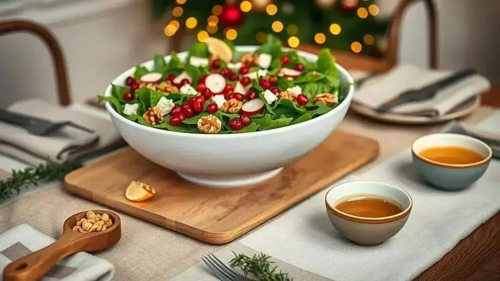 Christmas green salad with dressing served separately