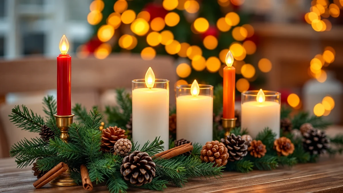 Christmas greenery surrounding battery-powered LED candles
