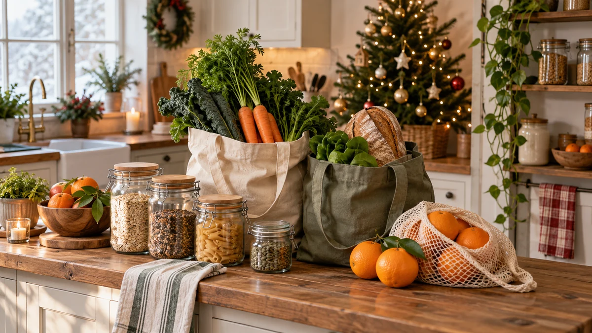 Christmas groceries and pantry jars in a festive kitchen