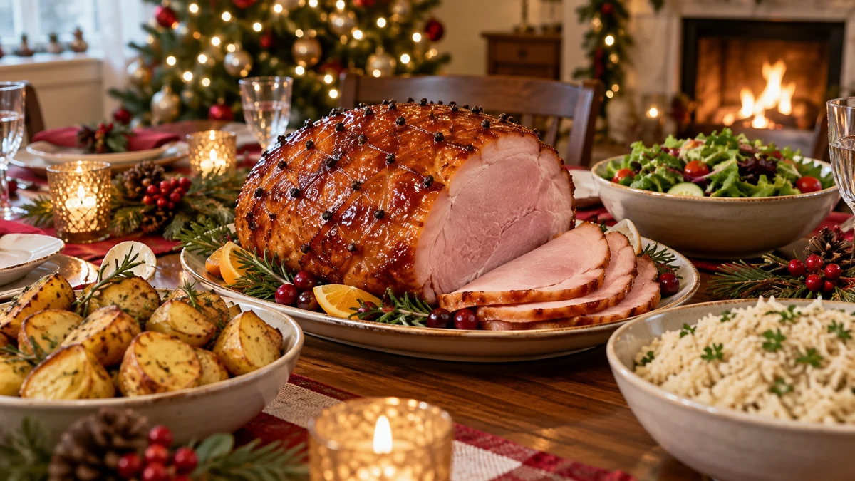Christmas ham with potatoes rice and green salad