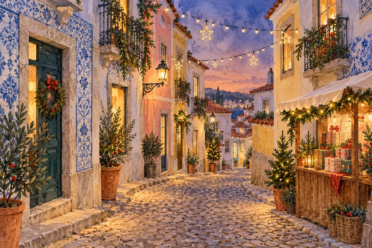 Christmas in Portugal illustrated with a festive old-town street