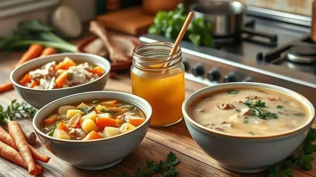 Bowls of vegetable and meat soup on a worktop