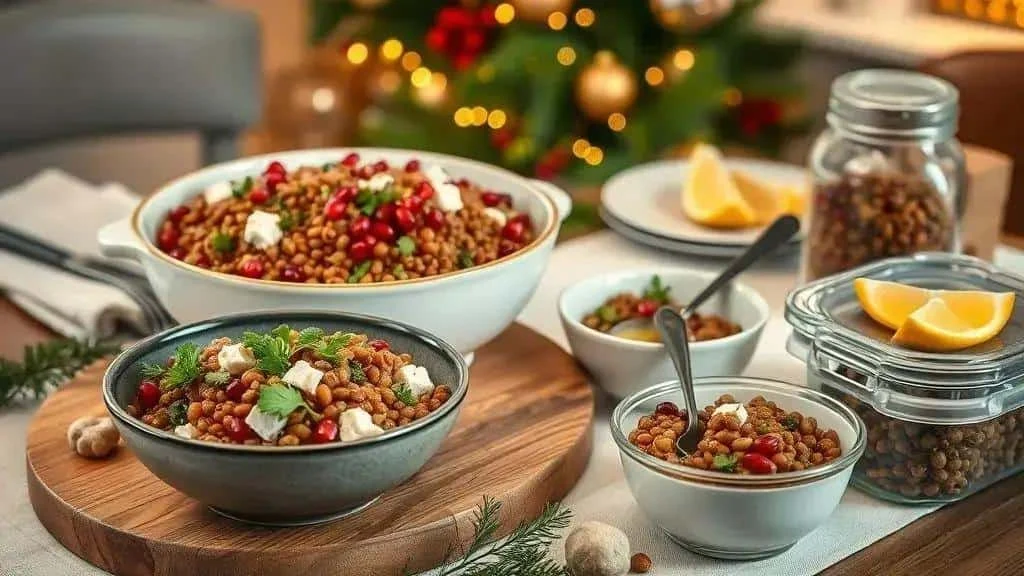Christmas lentil salad portions beside covered storage containers Christmas lentil salad portions beside covered storage containers