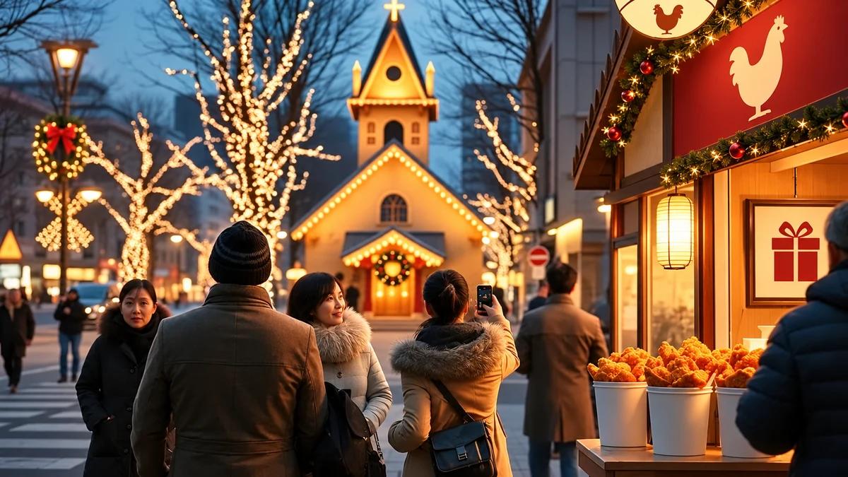 Christmas lights and festive fried chicken on an illustrated Japanese street Christmas lights and festive fried chicken on an illustrated Japanese street