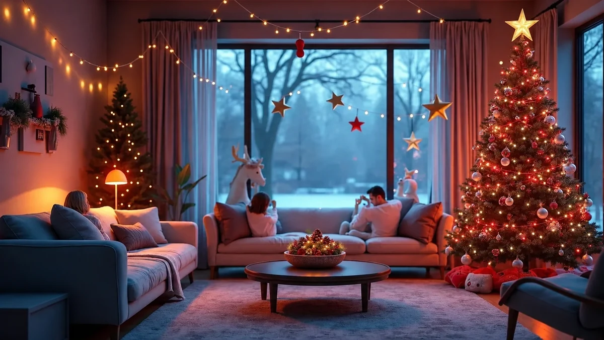 Christmas living room with pinecones on a coffee table