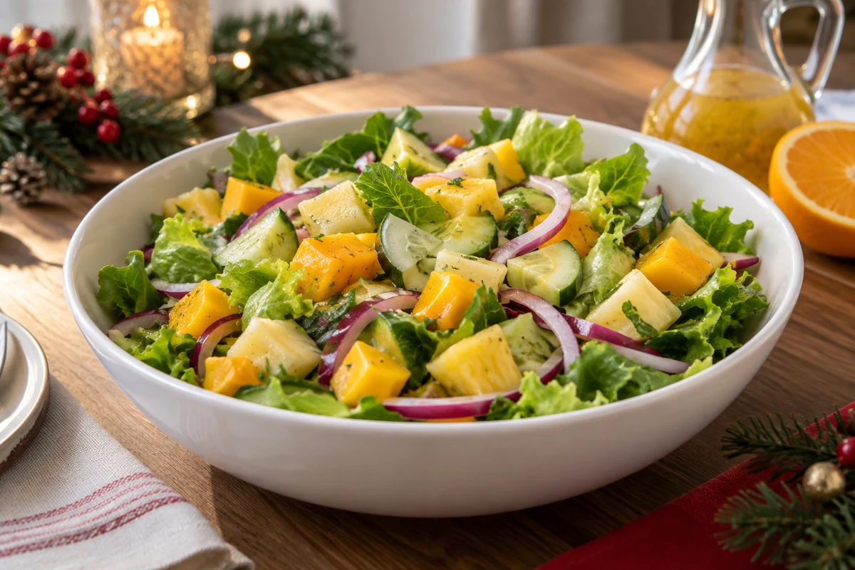 Christmas mango and pineapple salad with crisp leaves and citrus dressing