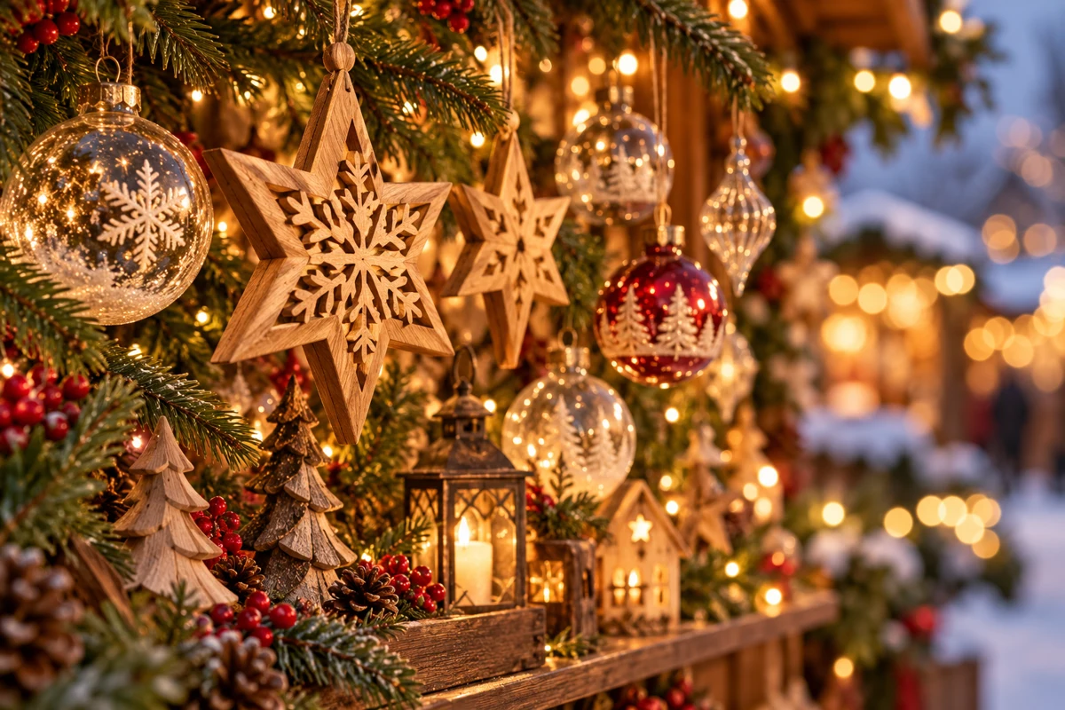 Illustration of ornaments on a Christmas market stall