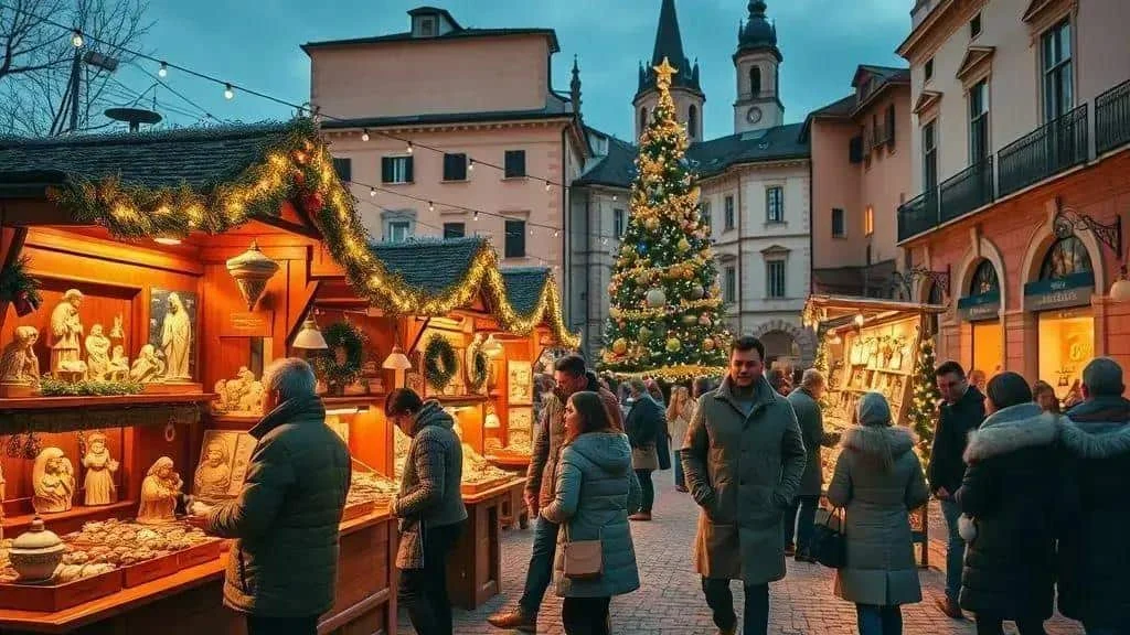 Christmas market stalls displaying Nativity figures and crafts