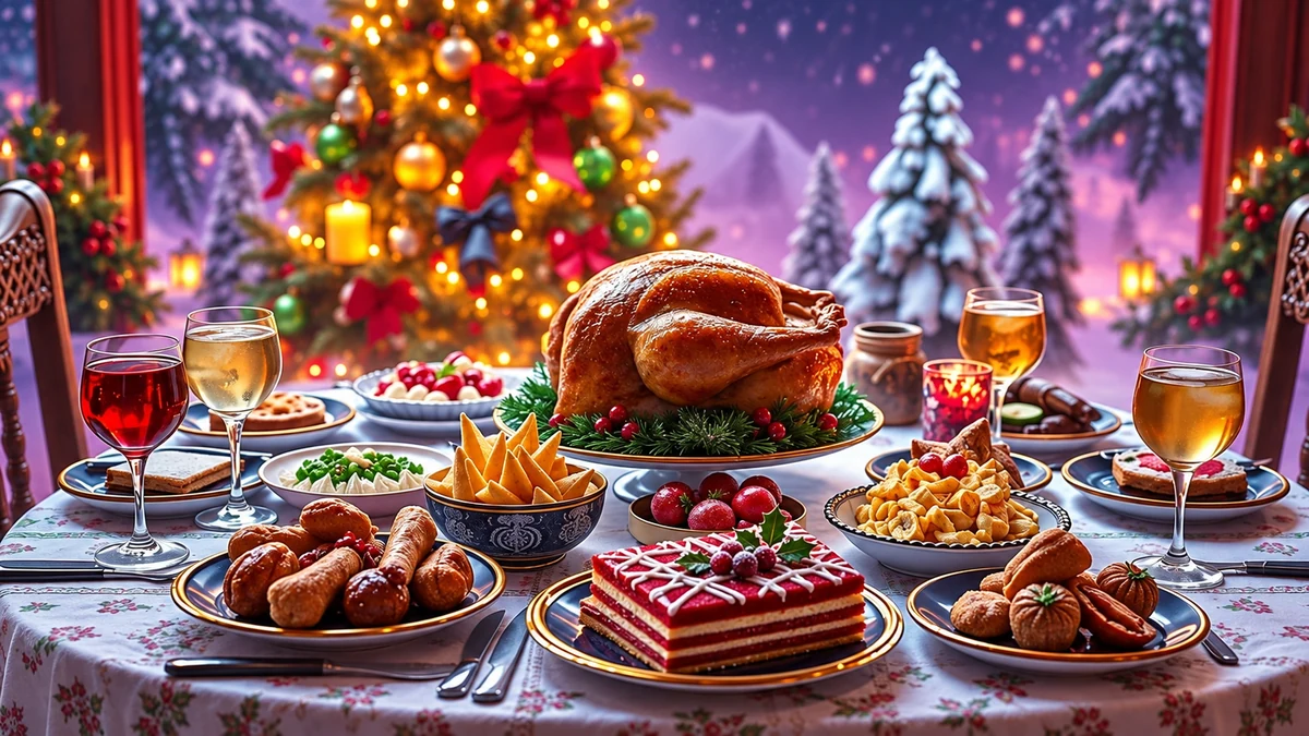Christmas meal with a berry-decorated dessert