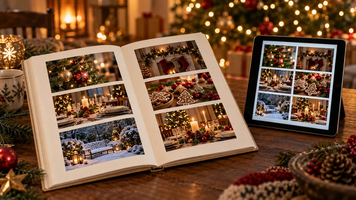 Christmas memory album and tablet with festive photographs