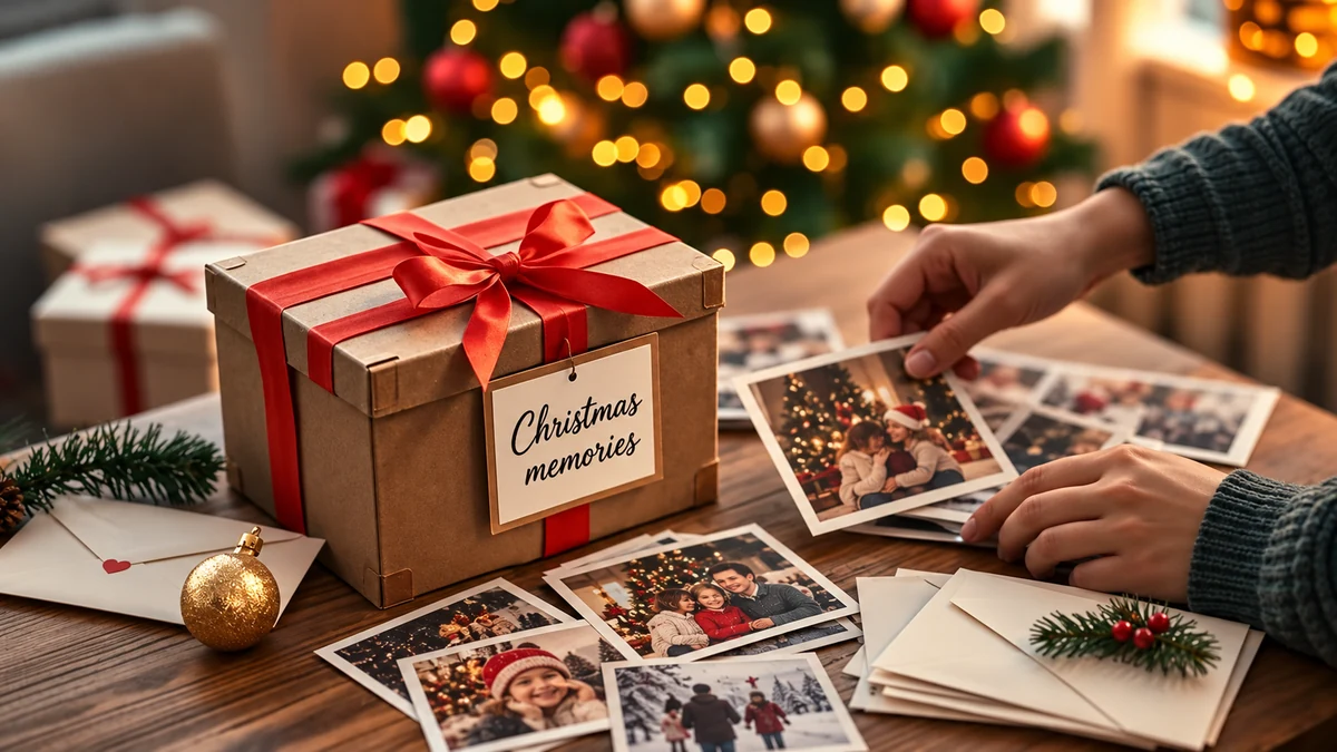 Christmas memory box with family photographs and a ribbon