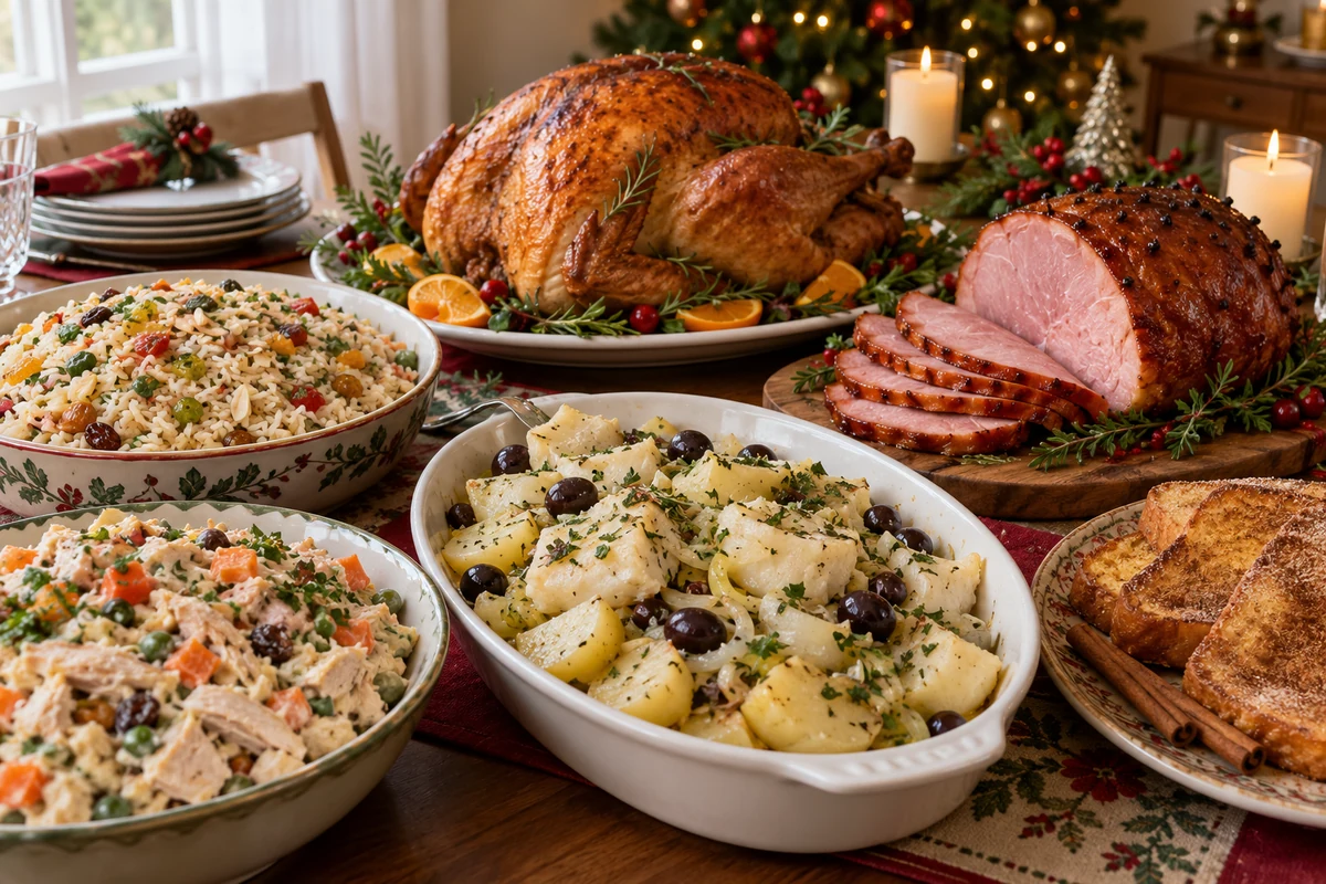 Christmas menu ingredients and dishes on a kitchen table