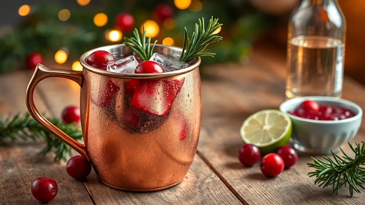 Christmas Moscow mule in a lined mug with rosemary and cranberries Christmas Moscow mule in a lined mug with rosemary and cranberries