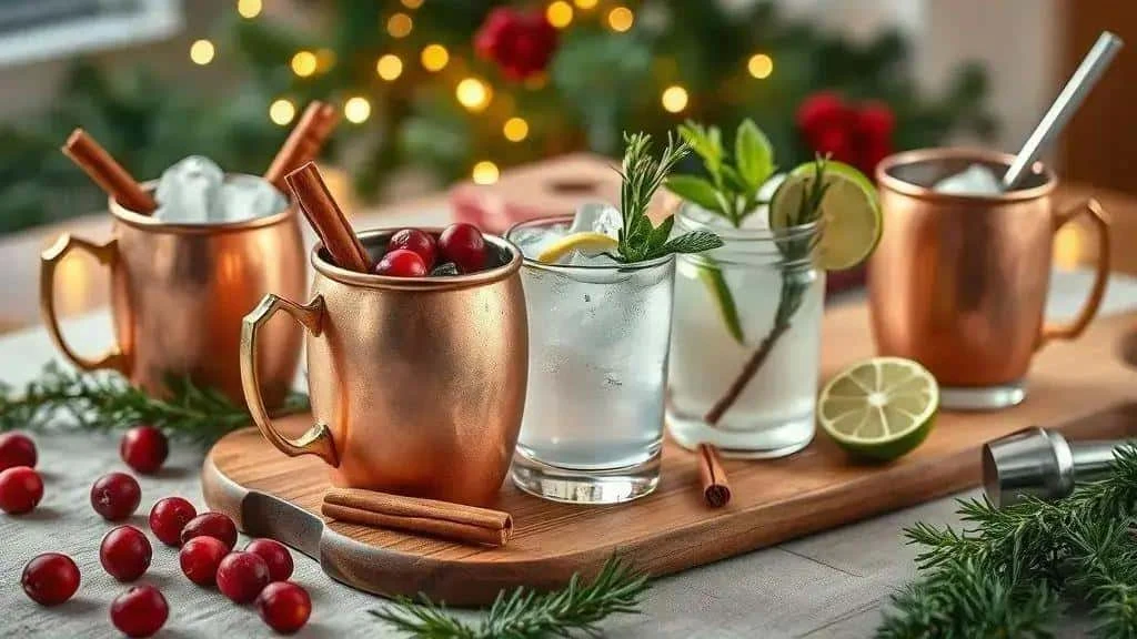 Christmas mule cocktails in mugs and glasses