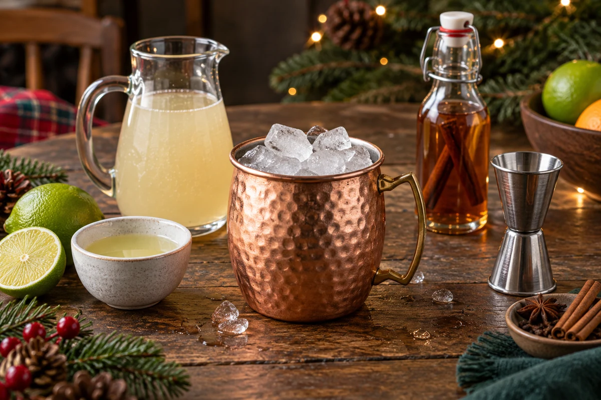 Christmas mule ingredients and spiced syrup on a counter