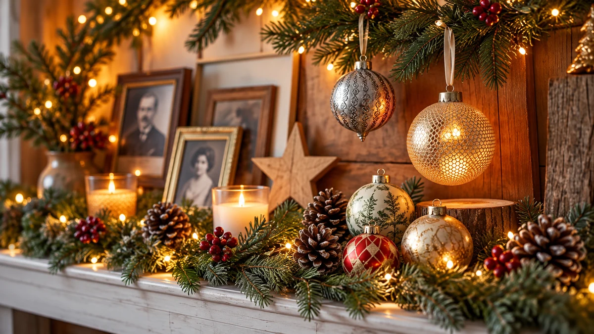 Christmas ornaments displayed with family photographs Christmas ornaments displayed with family photographs