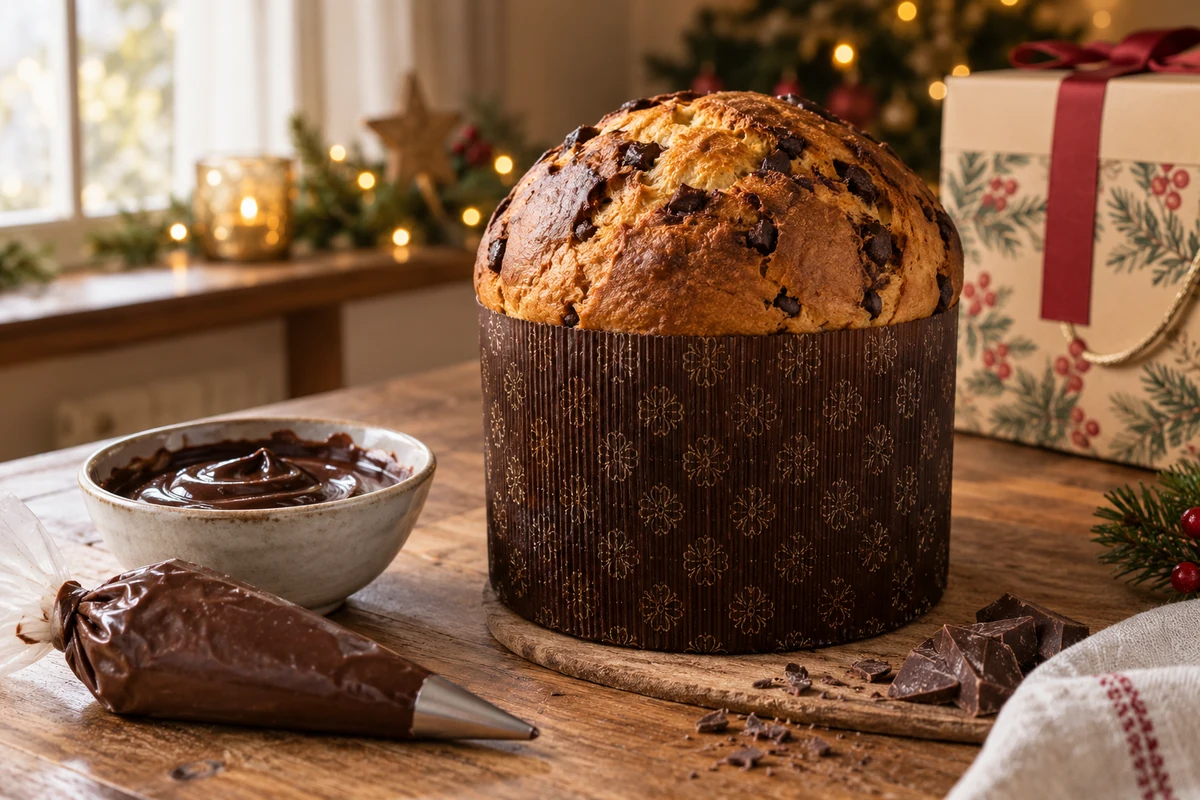 Christmas panettone beside ganache and a piping bag