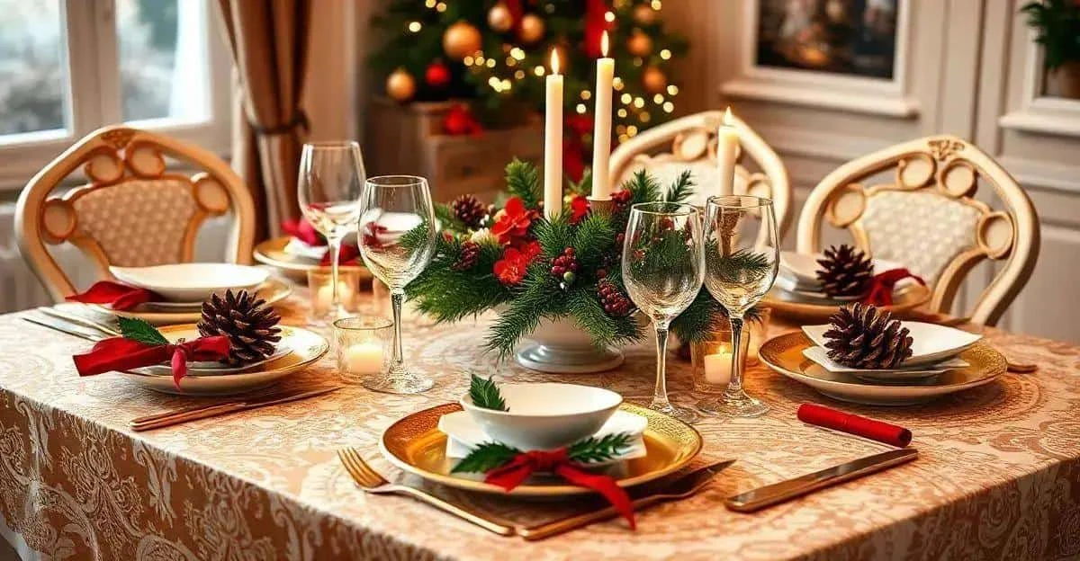 Christmas place settings with pine cones and white crockery