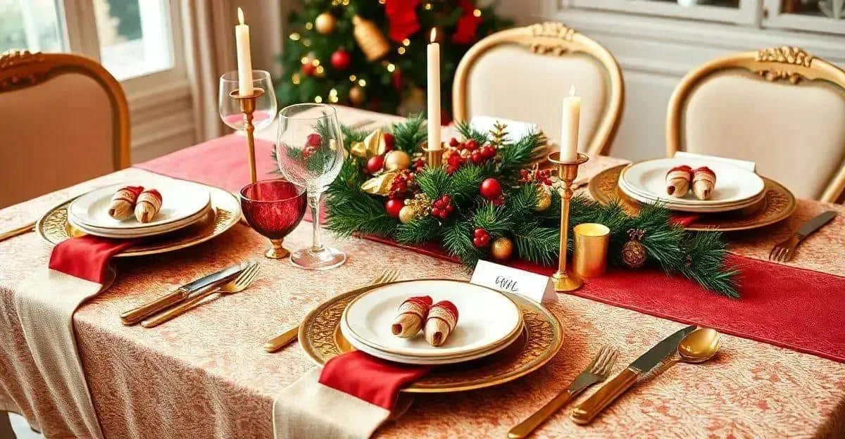 Christmas place settings with red napkins and festive greenery