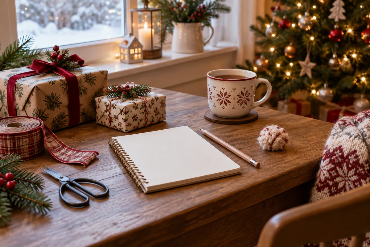 Christmas planning notebook with ribbon and wrapped presents