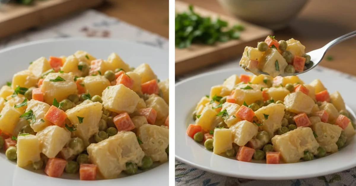 Christmas potato salad shown in a serving bowl and close-up