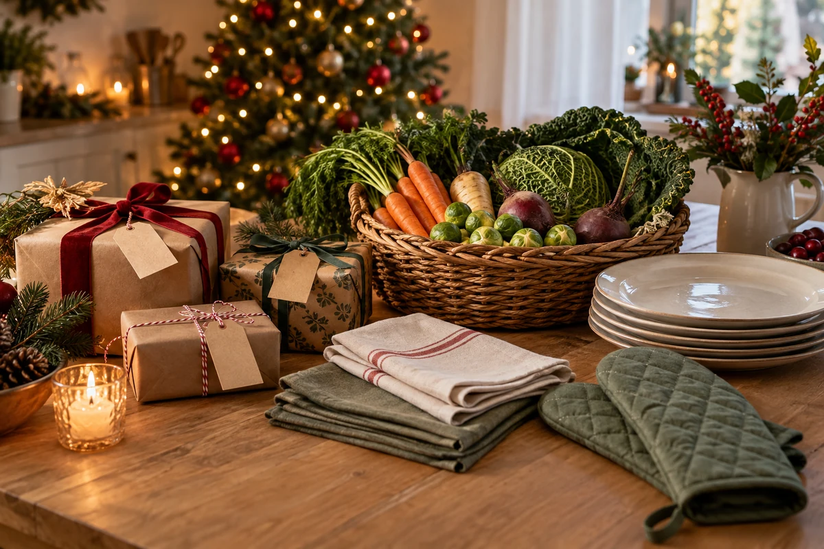 Christmas preparation essentials arranged on a kitchen table