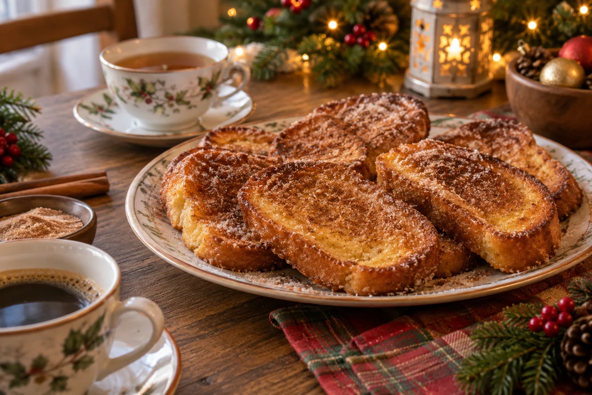 Christmas rabanada served with tea at a festive table Christmas rabanada served with tea at a festive table