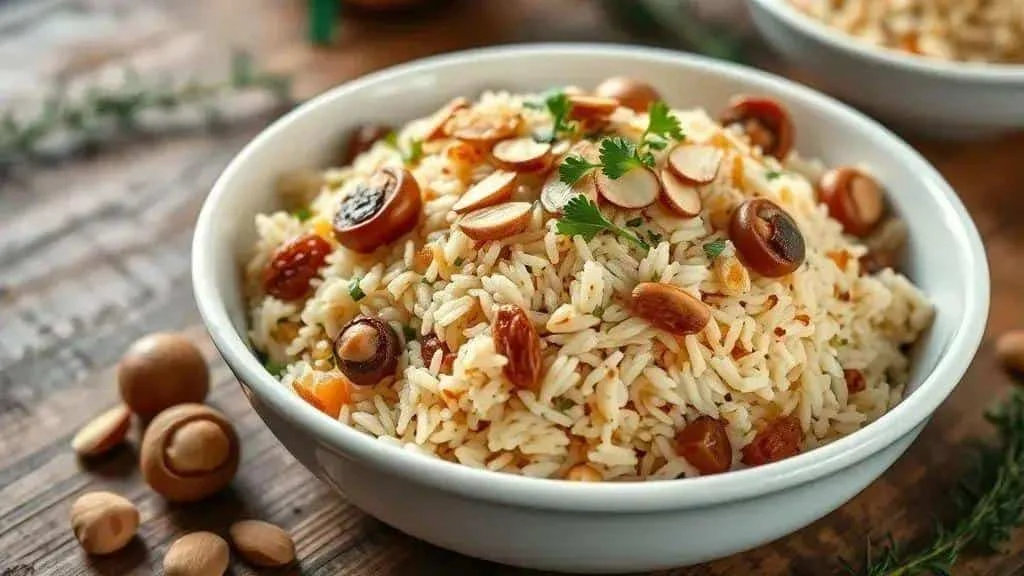 Christmas rice topped with toasted nuts and dried fruit