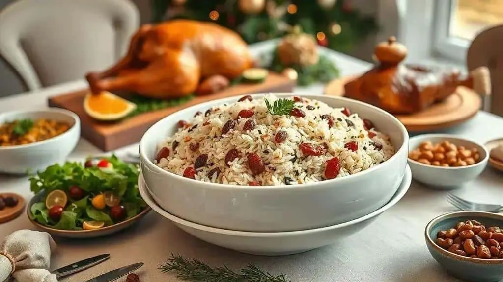 Christmas rice with nuts served alongside roast poultry Christmas rice with nuts served alongside roast poultry