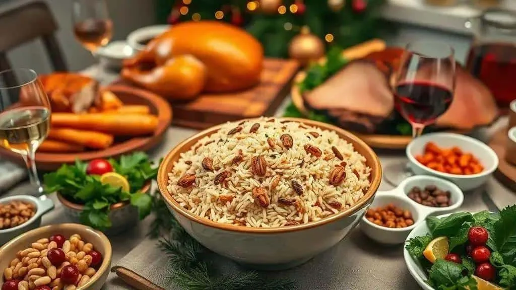 Christmas rice with nuts served at a festive table Christmas rice with nuts served at a festive table